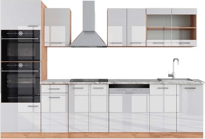 Vicco R-Line Complete keukeneenheid – 300 cm met hoge kast, WB Marmer Wit hoogglans/goud power eiken
