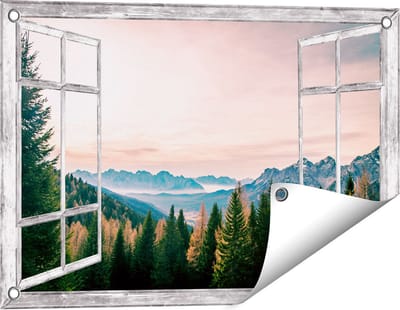 Gards Tuinposter Doorkijk Bos met Bomen bij Bergen Landschap - 60x40 cm - Tuindoek - Tuindecoratie - Wanddecoratie buiten - Tuinschilderij
