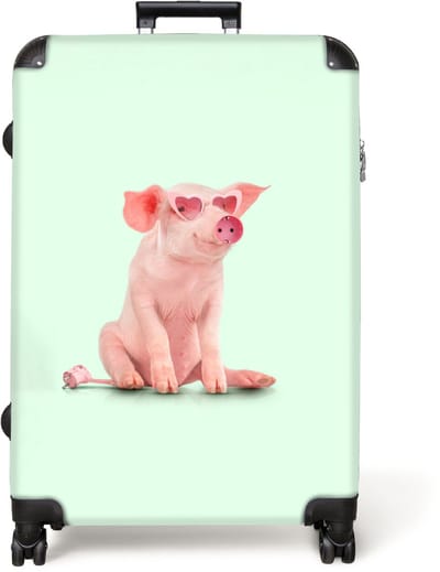 NoBoringSuitcases.com® - Koffer groot - Reiskoffer lichtgewicht - Varken - Roze - Bril - Stopcontact - Dieren - Rolkoffer met 4 wielen - Grote trolley XL - 98 liter bagage