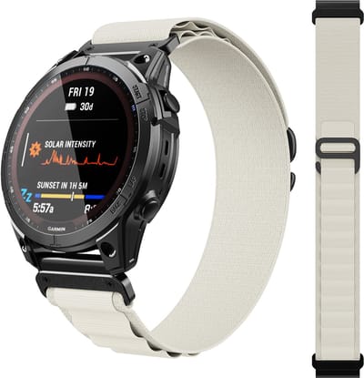 Stravo Alpine Loop Nylon Sport bandje 22mm QuickFit – Vervangingsbandje voor Garmin Fenix E 47mm / Fenix 8 47mm / 7 / 7 Pro / 6 / 6 Pro / 5 / 5 Plus / Quatix 7 Pro / Descent G1 / Epix Gen 2 - Starlight met klassieke 'G'-gesp