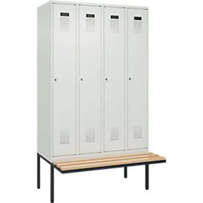 C+P Evolo Plus garderobekast, 4 vakken van elk 300 mm breed, zwevende bank, B 1200 x D 815 x H 2120 mm, cilinder, lichtgrijs/lichtgrijs
