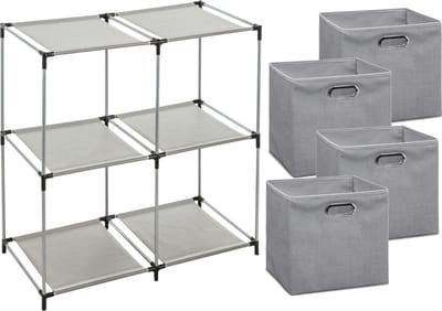 5Five Kastmandjes/opberg manden - lichtgrijs - 4x stuks van 29 Liter - Metalen rekje is 67 x 68 cm