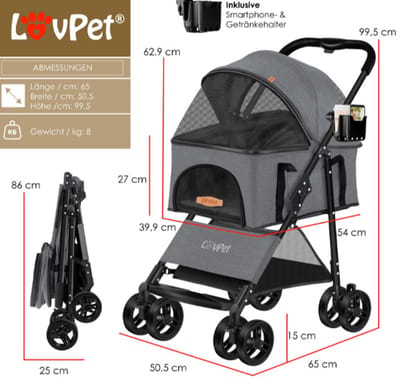 Hondenbuggy 2in1 – wandelwagen / buggy – met transporttas – tot 20 kg – met accessoires – grijs