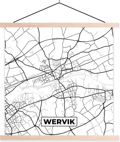 Posterhanger incl. Poster 40x40 cm - Schoolplaat - Stadskaart – Zwart Wit - Kaart – Wervik – België – Plattegrond - Textielposter - Blanke latten - Stadskaart