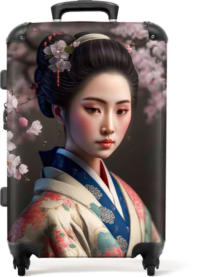 NoBoringSuitcases.com® - Koffer groot - Rolkoffer lichtgewicht - Vrouw - Sakura - Kimono - Portret - Reiskoffer met 4 wielen - Grote reis trolley XL - Luggage suitcase - Hardcase reistrolley medium - 20 kg bagage