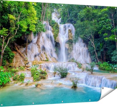 Gards Tuinposter Waterval in het Tropische Natuur - 160x120 cm - Tuindoek - Tuindecoratie - Wanddecoratie buiten - Tuinschilderij