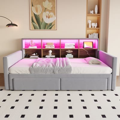 MIVRAY Gestoffeerd Slaapbankbed 90x190cm - Uitschuifbaar Naar 180cm Met Ledverlichting En Oplaadpoorten - Met Opberglades - Fluweel - Lichtgrijs