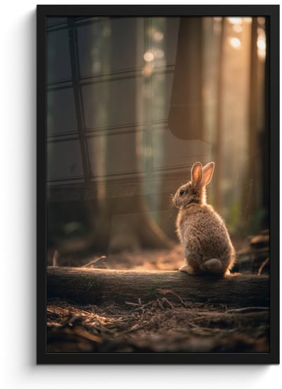 Poster in lijst - Fotolijst 40x60 cm - Posters - Konijn - Bos - Zonnestralen - Posterlijst zwart - Decoratie - Wanddecoratie woonkamer - Muurdecoratie slaapkamer