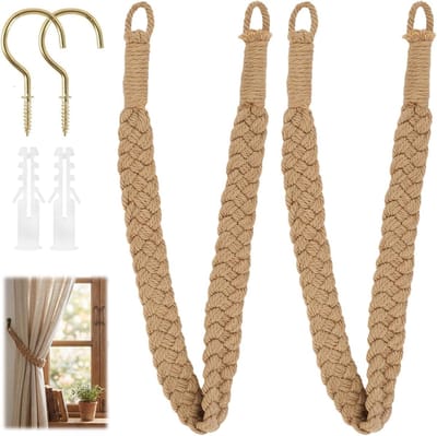 Set van 2 handgevlochten gordijnhouders van natuurlijk katoen, met metalen haken, decoratieve clips voor gordijnen - ShopVlot