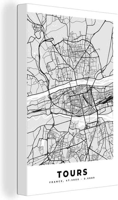 Canvas Schilderij Frankrijk - Plattegrond - Kaart - Tours - Stadskaart - 20x30 cm - Wanddecoratie