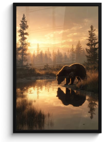 Poster in lijst - Fotolijst 60x90 cm - Posters - Beer - water - Bos - Ochtendlicht - Posterlijst zwart - Decoratie - Wanddecoratie woonkamer - Muurdecoratie slaapkamer