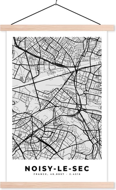 Posterhanger incl. Poster 40x60 cm - Schoolplaat - Frankrijk - Plattegrond - Kaart - Noisy-le-Sec - Stadskaart - Textielposter - Blanke latten - Stadskaart