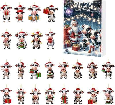 Kerst Kalender - Aftel Kalender - Feestelijke Decoratie - 24 Koe Ornamenten - 26 x 18 x 3 cm - Multicolor