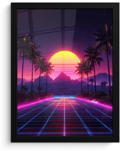 Poster in lijst - Fotolijst 30x40 cm - Posters - Horizon - Palmbomen - Bergen - Geel - Posterlijst zwart - Decoratie - Wanddecoratie woonkamer - Muurdecoratie slaapkamer