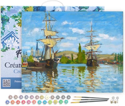 Figured'Art Schilderen op Nummer Volwassenen met lijst - Bootjes varen op de Seine in Rouen - Monet - Handwerk acrylverf Kit DIY Compleet - 40x50cm Canvas al ingelijst