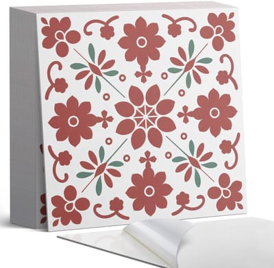 Coloray Plaktegels - Bloemenpatroon met bladeren Zelfklevende Tegels - 20 cm x 20 cm - Rood Plaktegels - 20 stuks - Vierkant PVC Tegels - Plaktegels Badkamer - Plaktegels Vloer - Vinyl Tegels Zelfklevend - Wandtegel Zelfklevend