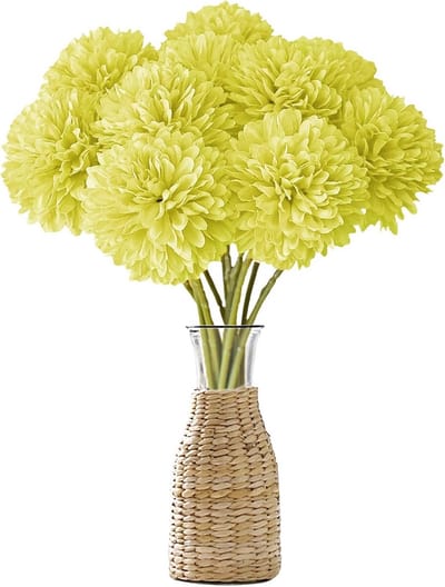 SnelShoppen - 12 Stuks Kunstbloemen Hortensia Lemon Geel Chrysant Kunstbloemen Silken Pom Voor Thuis Tuin Feest Bruiloft Decoratie