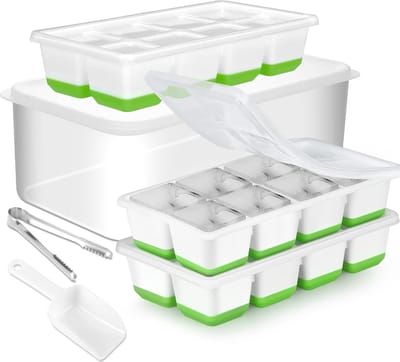 OUTARO-Grote Siliconen IJsblokjesvorm 3-pack met Deksel & Bak – Vierkant – Stapelbaar – Incl. IJstang & Schep – Voor Whisky, Cocktails, Soepen & Bevroren Lekkernijen