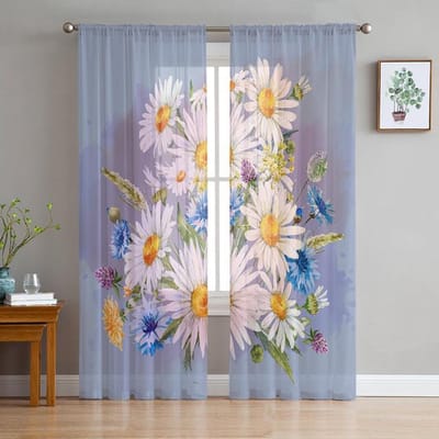 Lente Bloem Eucalyptus Blad Plant Transparante Gordijnen Voor Woonkamer Slaapkamer Kinderkamer Tule Raambekleding Draperieën 135W x 114H(cm)