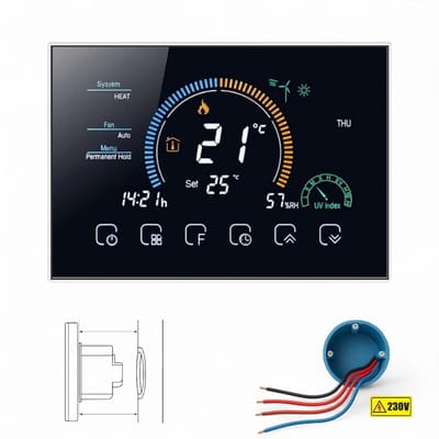 Wifi Inbouw Thermostaat | Touchscreen | App bediening | Inbouw | Elektrische verwarming | Tuya Smart Life | Zwart | 16A belasting