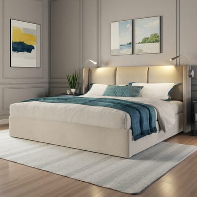 Tweepersoonsbed 160x200 bed - Gestoffeerd Opbergbed - Met Hydraulische Opbergruimte, Leeslampjes & USB - Beige Stof-zonder matras