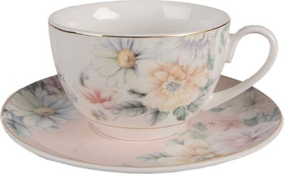 Clayre & Eef Kop en Schotel 250 ml Roze Wit Porselein Bloemen