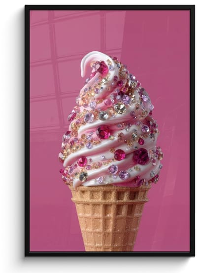 Poster in lijst - Fotolijst 80x120 cm - Posters - Softijs - Edelstenen - Roze - Hoorntje - Posterlijst zwart - Decoratie - Wanddecoratie woonkamer - Muurdecoratie slaapkamer