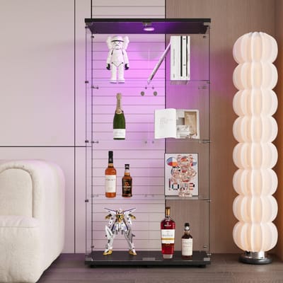 LED-vitrinekast, staande vitrinekast voor verzameling met LED-verlichting, met slot, met 2 deuren, 4 planken, transparante meubelvitrinekast, glazen vitrine, beeldje, glazen vitrinekast, woonkamer