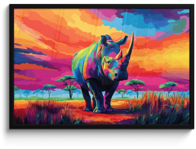 Poster in lijst - Fotolijst 90x60 cm - Posters - Neushoorn - Zonsondergang - Savanna - Kleurrijk - Posterlijst zwart - Decoratie - Wanddecoratie woonkamer - Muurdecoratie slaapkamer
