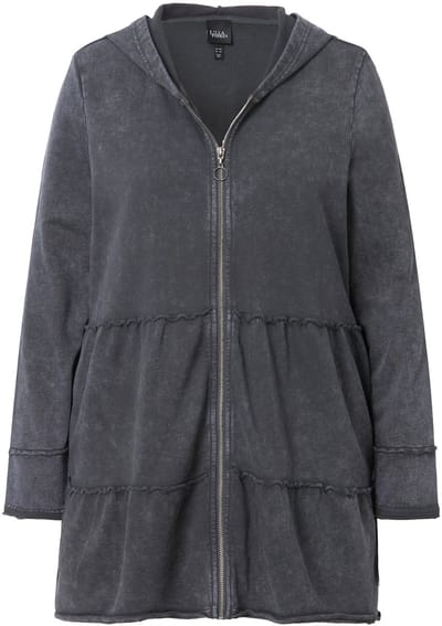 Ulla Popken - Dames - Lange hoodie-jas vintage look A-lijn capuchon - Grafietgrijs - Maat 46+
