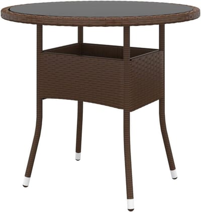 Tuintafel Rond - Buitentafel Poly Rattan - Buiten dineren - Gehard glazen blad - Ø80x75 cm - Bruin