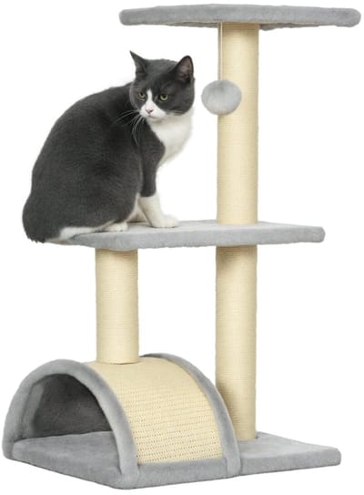 Merax Kattenkrabpaal 72 cm Lichtgrijs - Compacte Kattenboom met Sisal Krabpalen - Krabboog met Krabmat - Plateau - Krabplank - Hangende Speelbal