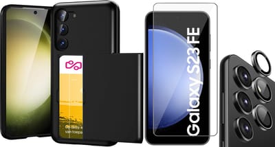 Hoesje met Pasjeshouder geschikt voor Samsung Galaxy S23 FE - Screenprotector GlassGuard & Camera Lens Screen Protector Zwart - Back Cover SlideCase Zwart