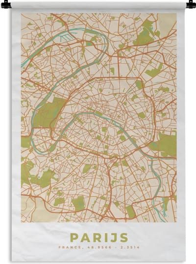Wandkleed - Wanddoek - Kaart - Parijs - Stadskaart - Vintage - Plattegrond - 120x180 cm - Wandtapijt