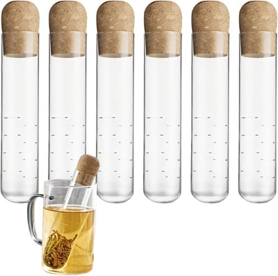6-delige Creatieve Glazen Thee Infusers met Kurken Stoppers - Transparant Reageerbuis Ontwerp, Perfect voor Losse Blad Thee - Ideaal voor Familiebijeenkomsten & Feesten