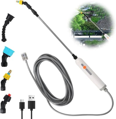 Draadloze elektrische plantenspuit met 4 nevelmonden, oplaadbare batterij en 5 meter slang voor tuin, terras en onkruidbestrijding