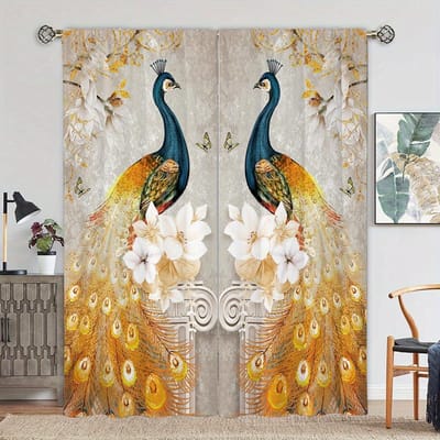 2 stuks Blauwe Pauw Decoratieve Gordijnroede Tunnelgordijn Veelzijdig Voor Alle Seizoenen Voor Slaapkamer Keuken Kantoor Studeerkamer Woonkamer 100W130H(CM)40x51in&Grommet Top