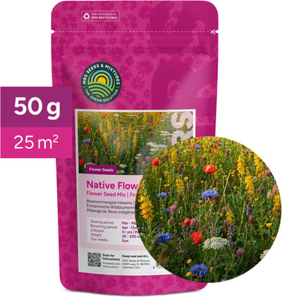 MRS Bloemenmengsel Inheems - Meerjarige bloemzaden - 50 gram voor 25 m² - Wilde bloemen - Veldbloemen zaad - Bevordert biodiversiteit - Lokt vlinders, hommels, honing- en wilde bijen