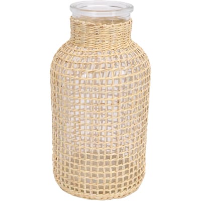 Vase tissé en herbe Style rustique Haut Style bohème Vase à fleurs en verre pour arrangements floraux Décoration d'intérieur L