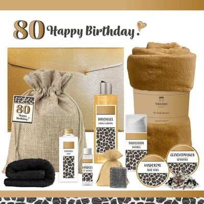 Geschenkset “80 Jaar Happy Birthday!” - 10 producten - 1410 gram | Cadeau Verjaardag - Luxe wellness cadeaubox - Giftset Speciaal voor Haar - Geschenkset Gefeliciteerd - Verjaardag - Cadeaupakket - Gift Set Party - Verjaardagscadeau Goud - Zwart