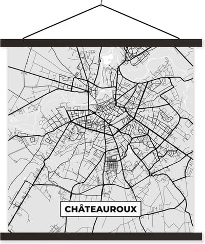 Posterhanger incl. Poster 60x60 cm - Schoolplaat - Plattegrond – Châteauroux – Stadskaart – Kaart – Frankrijk - Textielposter - Zwarte latten - Stadskaart