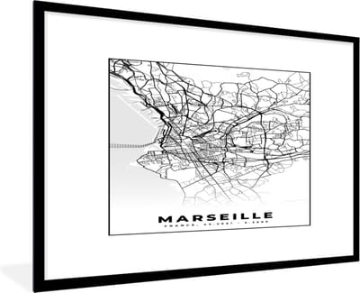 Fotolijst incl. Poster Zwart Wit- Marseille - Kaart - Stadskaart - Frankrijk - Plattegrond - Zwart wit - 120x80 cm - Posterlijst