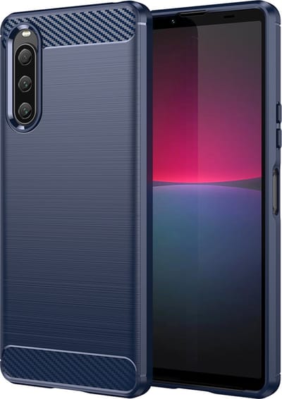 MobyDefend Hoesje - Geschikt voor Sony Xperia 10 V - TPU Backcover - Geborstelde Metaal & Carbon-Look - Blauw