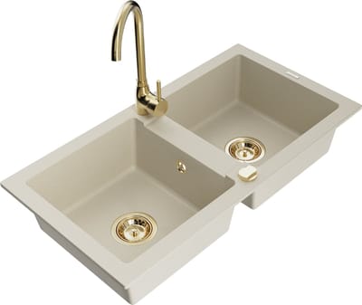 Mexen Mario granieten gootsteen 2-kamer met keukenkraan Telma, beige - 6504-69-670200-50