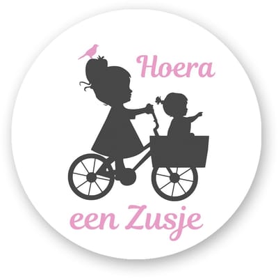 25x Sluitsticker - Hoera een Zusje Fiets Silhouette - Sluitzegel geboorte - Sluitstickers Pimp Studio