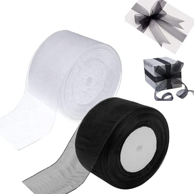 2 Stukken Organza Lint,Glitter decoratielint, Tule lint op Rol, voor Huwelijksdecoratie en Valentijnsdag，Geschenkverpakkingsmateriaal (Wit + Zwart)