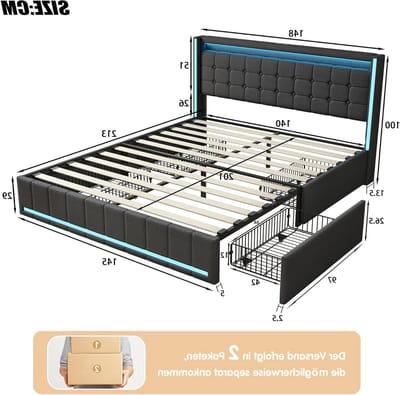 Tweepersoonsbed, 140 x 200, ladebed met ledverlichting en USB type C, gestoffeerd bed met hoofdeinde en lattenbodem, voor volwassenen, linnen, zonder matras
