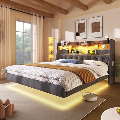 BLACKCOLORS - Gestoffeerd Bed 140x200 cm - Hangend Design - Met LED Verlichting en Oplaadstation (1x Type-C, 3x USB) - Hoofdeinde met Opbergruimte - Lattenbodem - Linnen Stof - Grijs - Zonder Matras