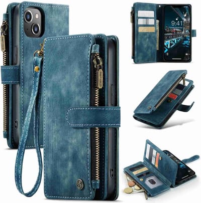 Caseme - Vintage 2 in 1 portemonnee hoes - Geschikt voor iPhone 14+ / 14 Plus - Blauw