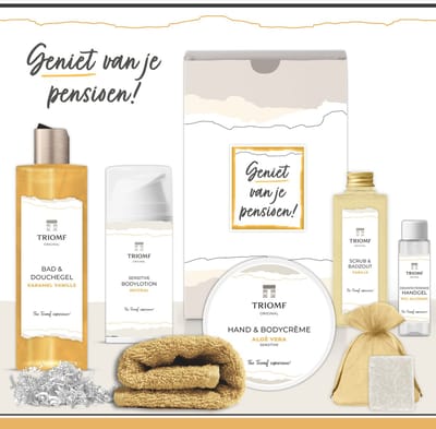 Geschenkset “Geniet van je pensioen!” - 7 producten - 850 gram | Triomf Original - Giftset voor haar - Gestopt met werken - Luxe wellness cadeaubox Vrouw - Cadeaupakket Afscheid Collega - Werknemer - Medewerker - Geschenk Pakket - Gift Set Goudgeel